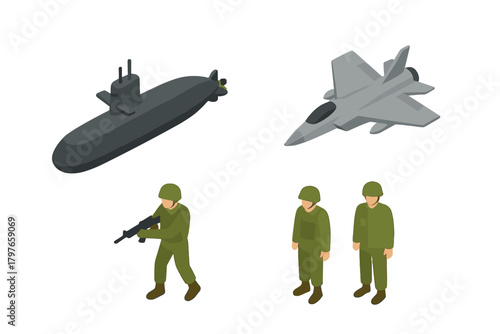 Isometric military assets set including a submarine, fighter aircraft, and three soldiers in uniform