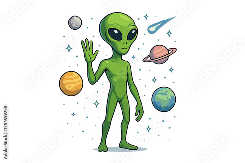 Friendly cartoon alien creature waving hello surrounded by planets and cosmic elements