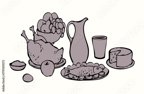 Vector drawing. Tasty feast food