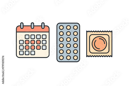 Contraception methods: calendar, oral birth control pills, and condom for safe sex planning