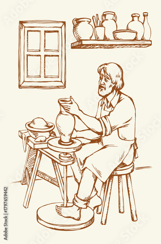 Vector drawing. Potter makes a jug