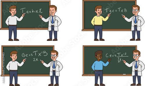 Cartoon students and teachers at chalkboard, scientific equations, classroom scene, character design, education theme, learning moment, math, science, teaching, pose
