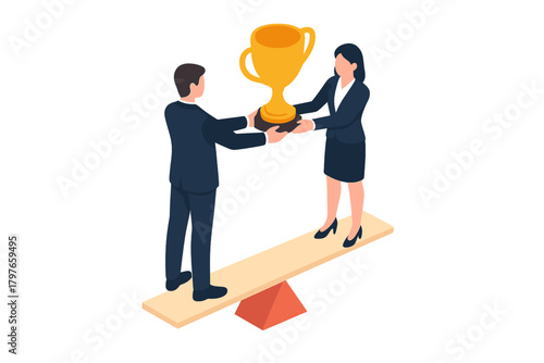 Businessman and businesswoman balancing a golden trophy on a seesaw for equal achievement