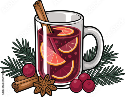 Vibrant Mulled Wine or Spiced Cider in Mug Vector Illustration - Christmas Holiday Drink Graphic