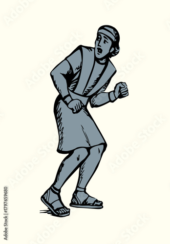 Vector drawing. Adult man flee with fear