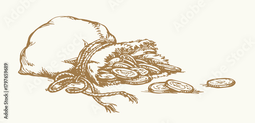 Vector drawing. Bag with coins