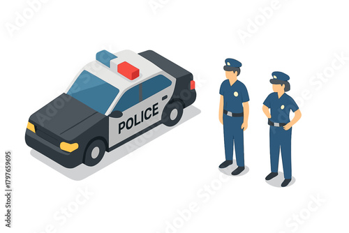 Law enforcement officers standing beside an official police patrol vehicle