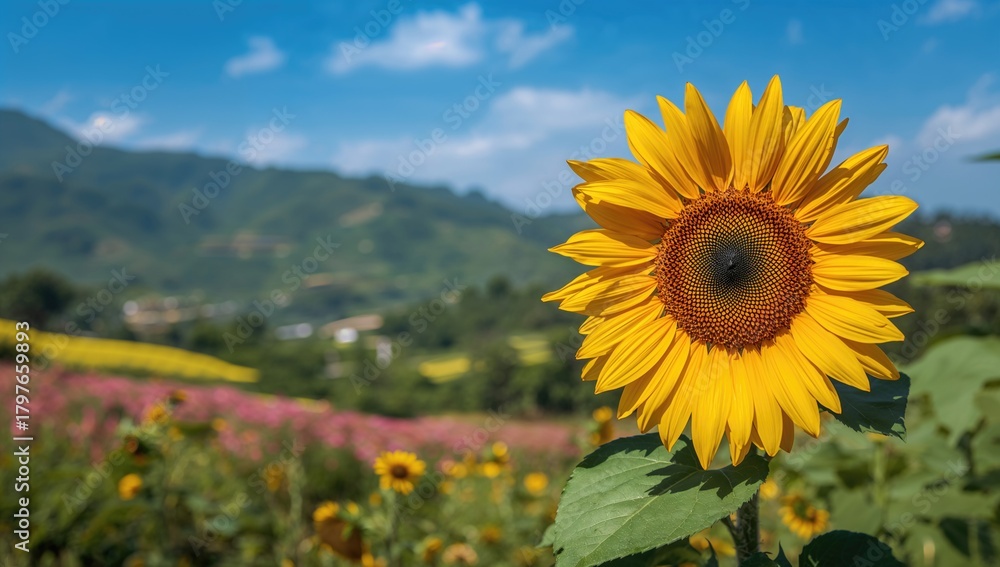 Fototapeta premium Sunflower crop in a rural landscape, showcasing agricultural productivity, World Agriculture Day