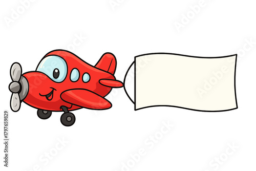 Happy cartoon propeller plane towing a blank advertising banner or message ribbon