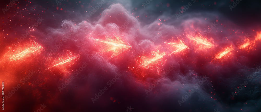 Fototapeta premium Dynamic composition of fiery arrows cutting through dark clouds in a cosmic environment