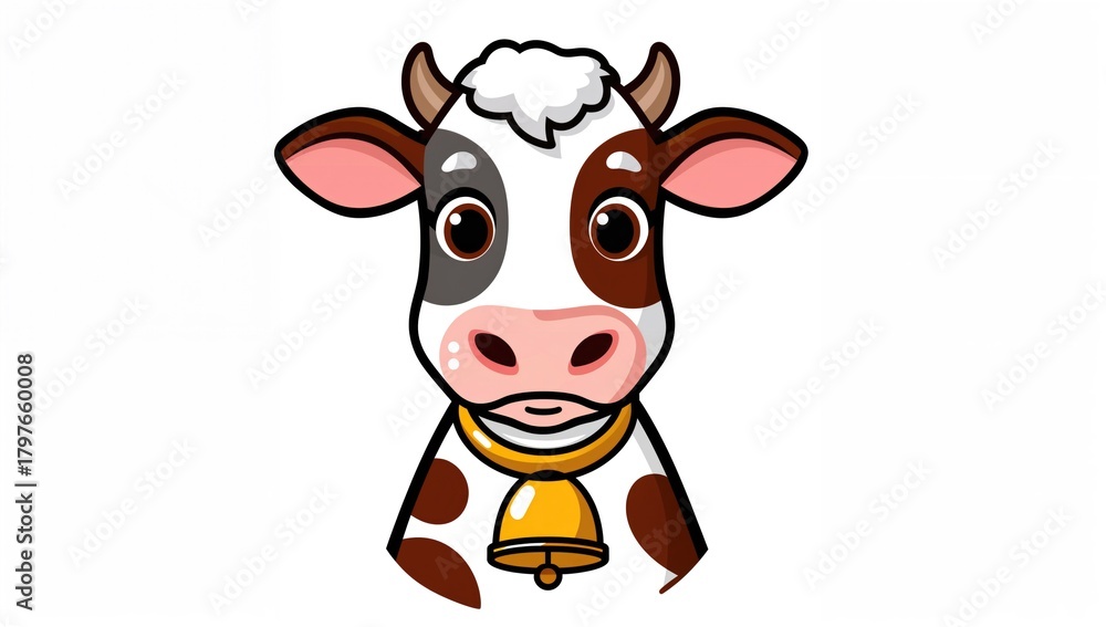 Fototapeta premium Spotted cow wearing a bell, playful farm animal illustration, suitable for children's design