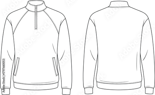 Vector technical illustration of men’s quarter-zip sweatshirt showing clean front and back views with raglan sleeves, pockets, and detailed stitching for apparel design