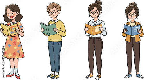 Cartoon students reading books, character design, diverse outfits, educational theme, learning activity, glasses, school scene, curiosity, study pose, knowledge