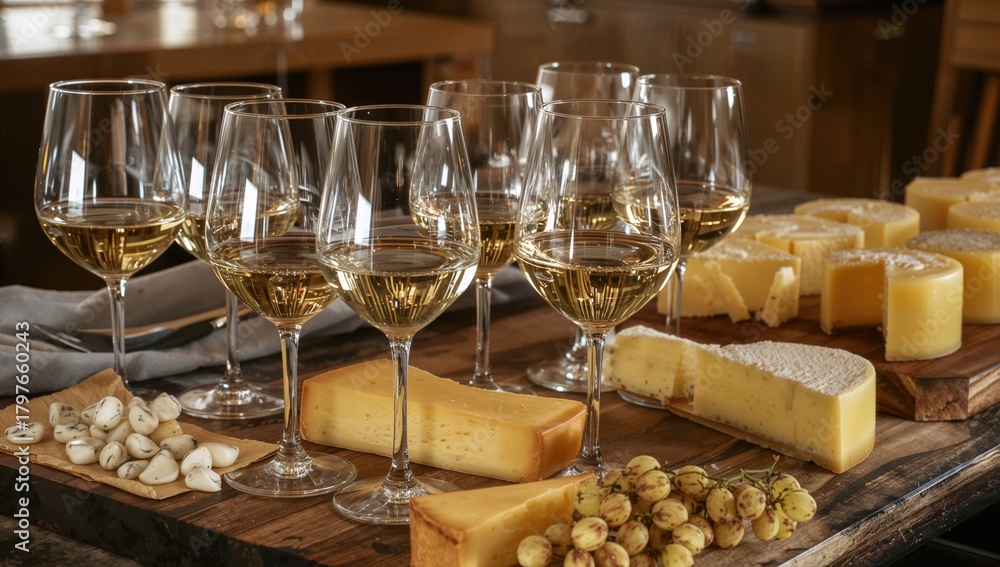 Fototapeta premium Luxury cheese and wine tasting accompanied by waiter service at a farm eatery, ideal for a refined dining outing