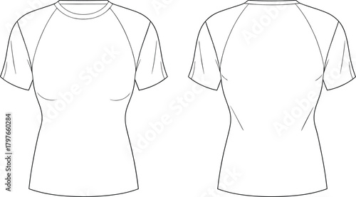 Vector template illustration of women’s fitted short-sleeve raglan t-shirt showing clean front and back views for apparel design mockups