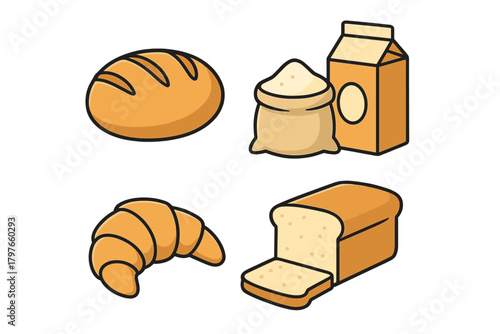 Assortment of freshly baked bread, croissant, flour sack, and milk carton ingredients