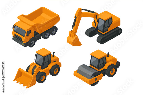 Isometric heavy construction vehicles dump truck excavator bulldozer road roller