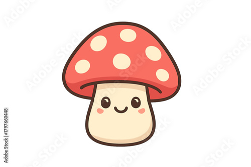 Cute cartoon mushroom character with smiling face and red spotted cap isolated on white background