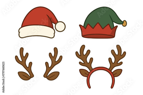 Christmas costume accessories set with Santa hat, elf cap, and reindeer antlers headband