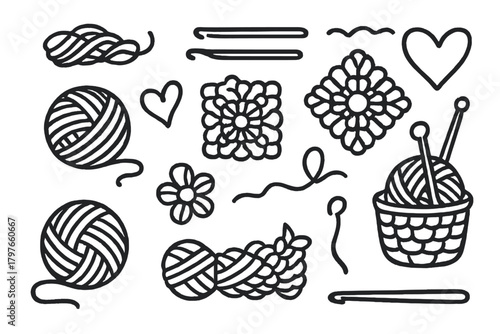Hand drawn doodle set of knitting and crochet tools yarn balls and decorative patterns
