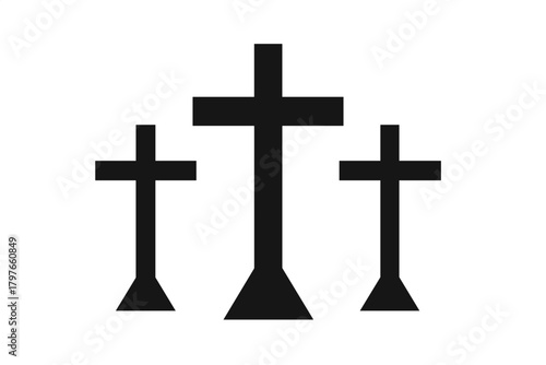 Three black crosses symbolizing the crucifixion of Jesus Christ on Calvary hill