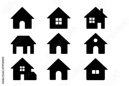 Nine simple black house symbols representing home, property, and real estate services