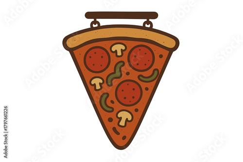 Retro style hanging sign featuring a slice of pepperoni pizza with mushrooms and peppers