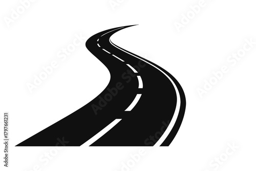 Long winding highway road disappearing into the distance on a white background