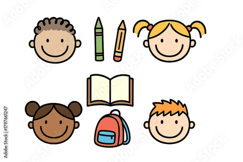 Diverse children faces with school supplies including backpack, book, and crayons