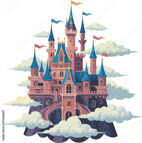 Grand Fairy Tale Castle on Cliff Vector Illustration, Magical Princess Palace in the Clouds