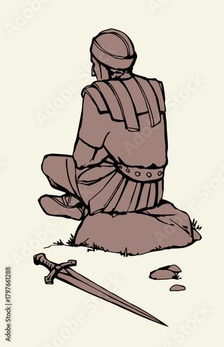 Vector drawing. Old roman Soldier resting on the stone