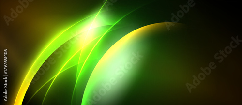 Abstract design features vibrant green, yellow glows. Curves intersect, creating dynamic light effect against dark background. Smooth gradients dominate composition.