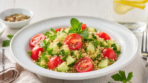 Wallpaper Mural Couscous salad with chopped cucumber, cherry tomatoes, parsley and mint leaves. Served in a white bowl on light background. Fresh and nutritious dish. Torontodigital.ca