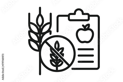 Gluten free food allergy restriction list on a clipboard for healthy eating plan