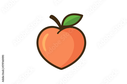 Colorful stylized ripe peach fruit design featuring stem and green leaf on white background
