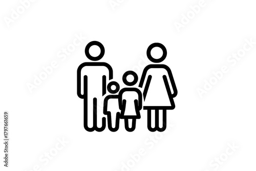 Black line drawing of a family unit showing mother, father, and two children