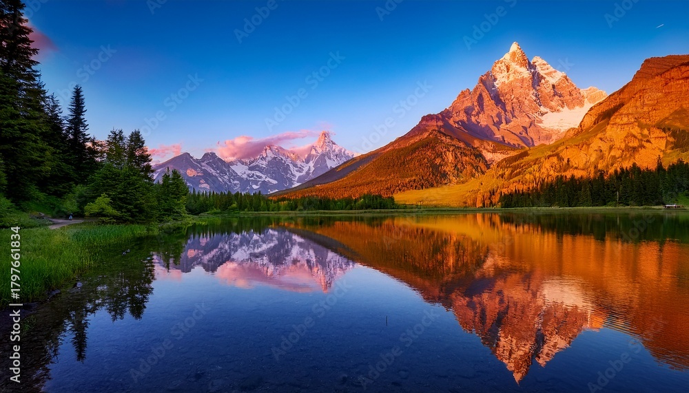 Fototapeta premium mountain reflection in a serene lake vibrant hues