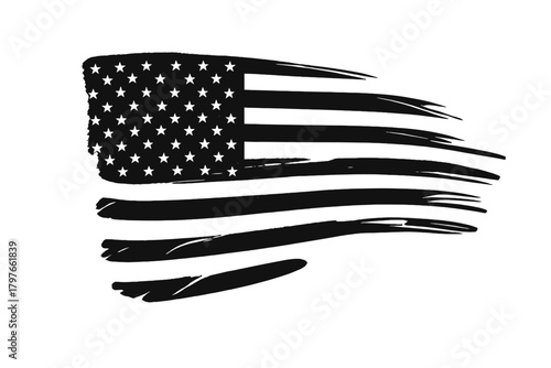 Grunge distressed American flag design with stars and stripes in black and white style