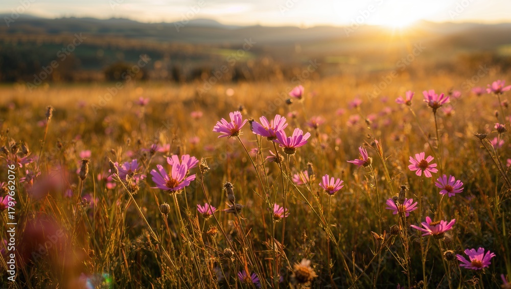 Obraz premium Wild meadow pink flowers illuminated by morning sunlight, seasonal change