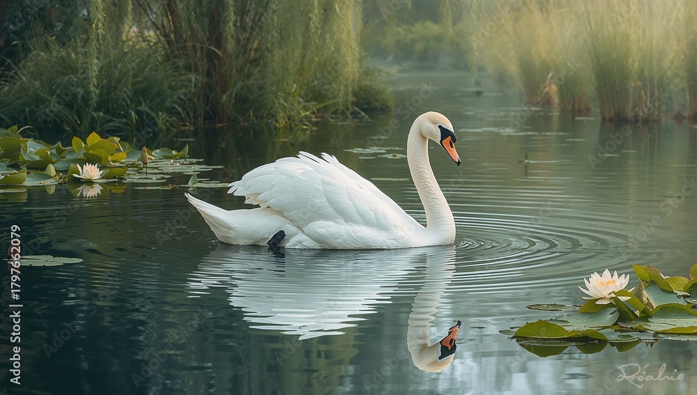 Fototapeta premium White swan gliding gracefully on the water, symbolizing tranquility