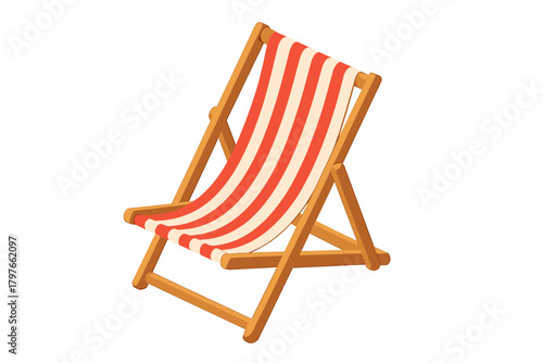 Traditional wooden beach chair with striped fabric isolated on a pure white background