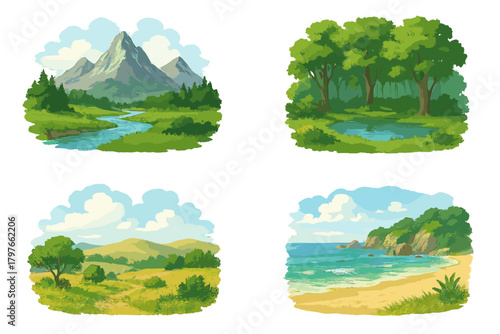 Four natural landscape scenes mountains forest pond rolling hills and tropical beach