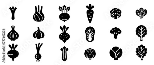 Minimal black vegetable icons collection with root vegetables, leafy greens, onions, garlic, broccoli, and cabbage in flat silhouette style