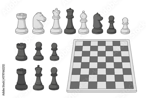 Classic black and white chess pieces arranged on a checkered game board