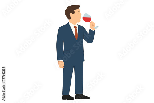 Professional man in a business suit tasting red wine from a glass at a corporate event