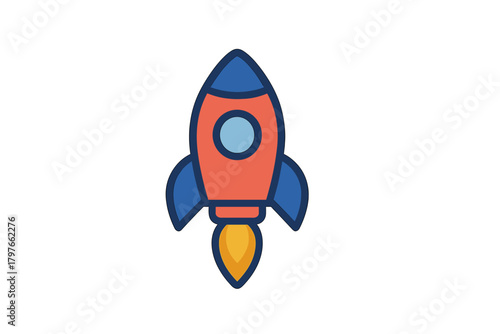 Brightly colored space rocket taking off with flames from the engine nozzle symbolizing startup success and rapid growth