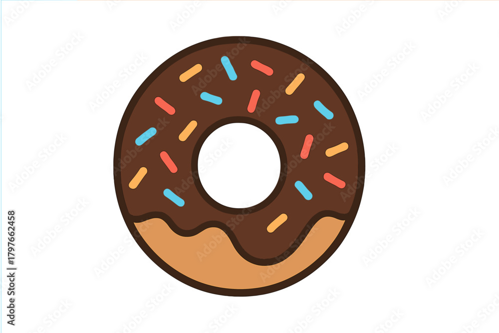 Fototapeta premium Sweet glazed pastry ring with dark chocolate frosting and multicolored candy sprinkles isolated on white