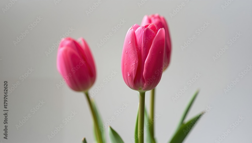 Obraz premium Vertical close-up of three pink tulips, ideal for editorial backgrounds