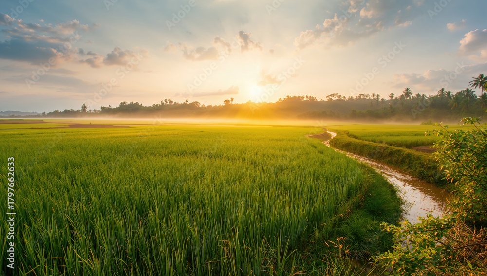 Fototapeta premium Thailand's fields illuminated by warm sunlight, seasonal change
