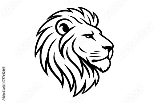 Majestic lion head profile with flowing mane in black and white stylized design